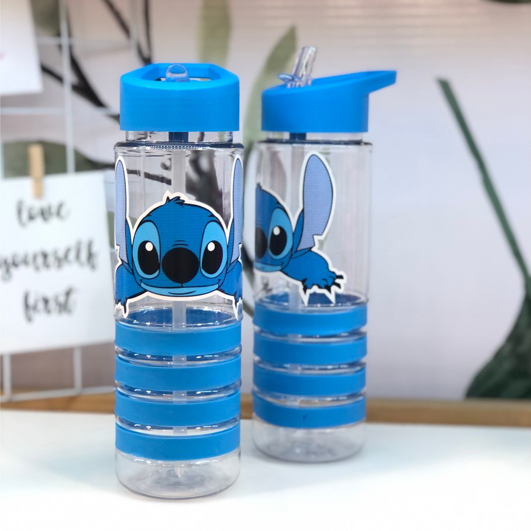 Botella de agua de plástico Stitch con tapa y base de acero